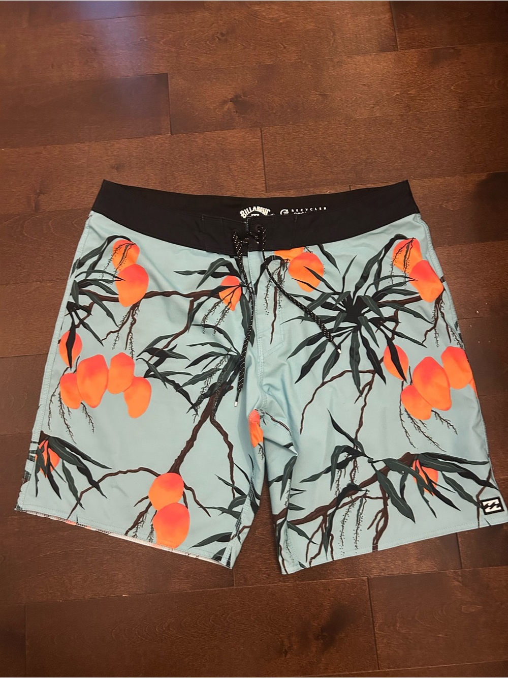 Billabong Men’s Light Blue Boardshorts with Bright Orange Peach Print